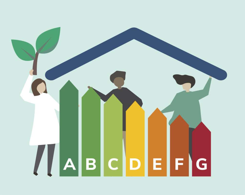Image of indicative people in a community standing behind an EPC scale from A to G. Scale is both staggered and coloured.