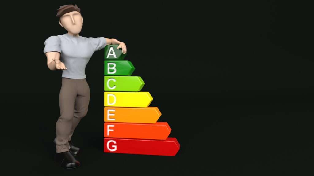 Man standing leaning on an staggered EPC scale from grades A to G. Scale is coloured.